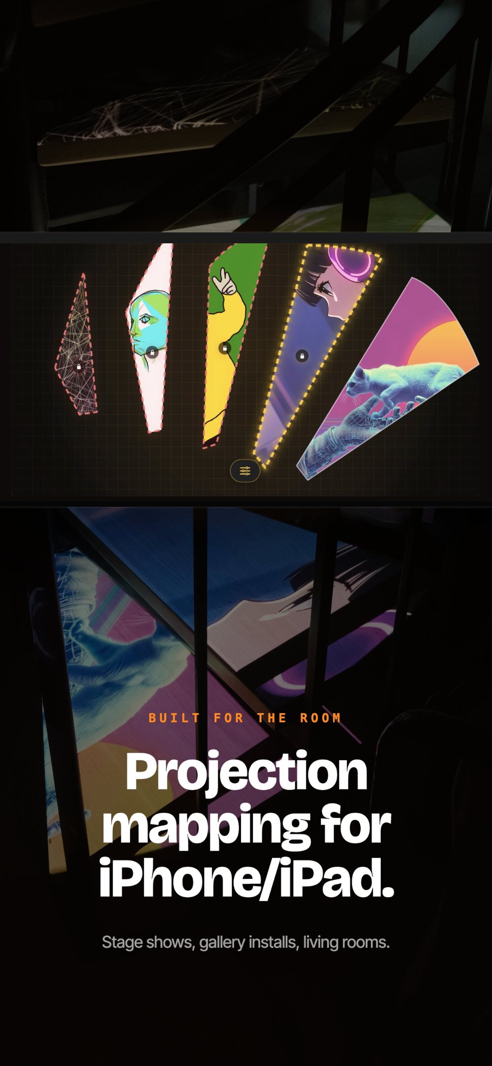 Projection mapping for iPhone and iPad — the editor and a finished mapped staircase