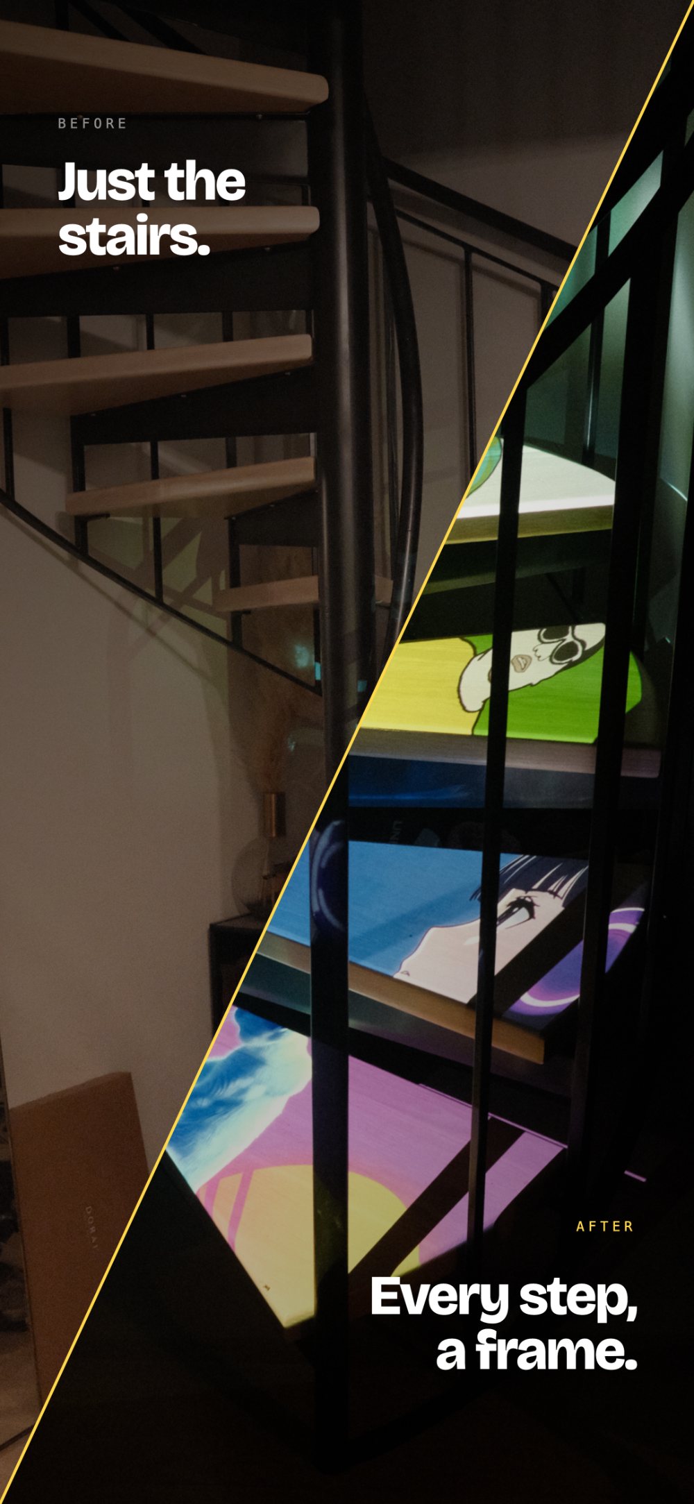 Spiral staircase before and after projection mapping